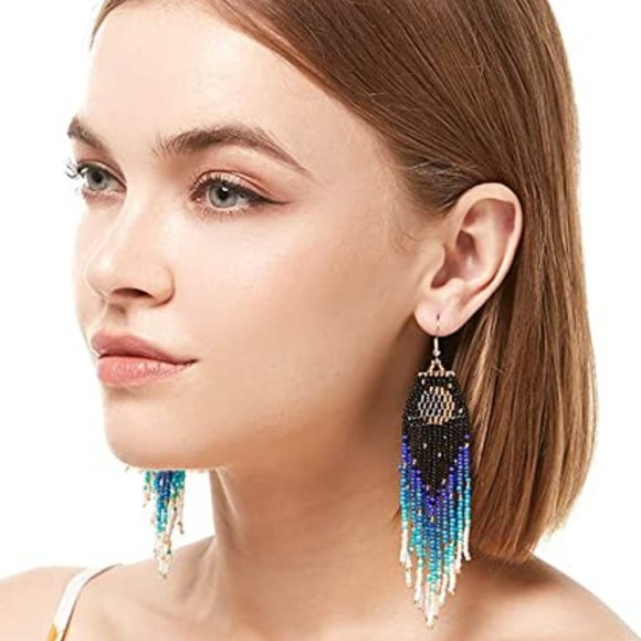 Moon Eclipse Crescent Long 5" Night Earrings Handmade Beaded Oversized - Picture 8 of 9